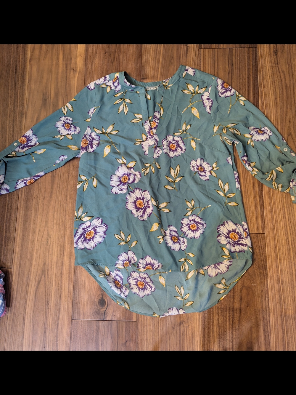 Daniel Rainn Green Floral Long-Sleeve Split-Neck Blouse